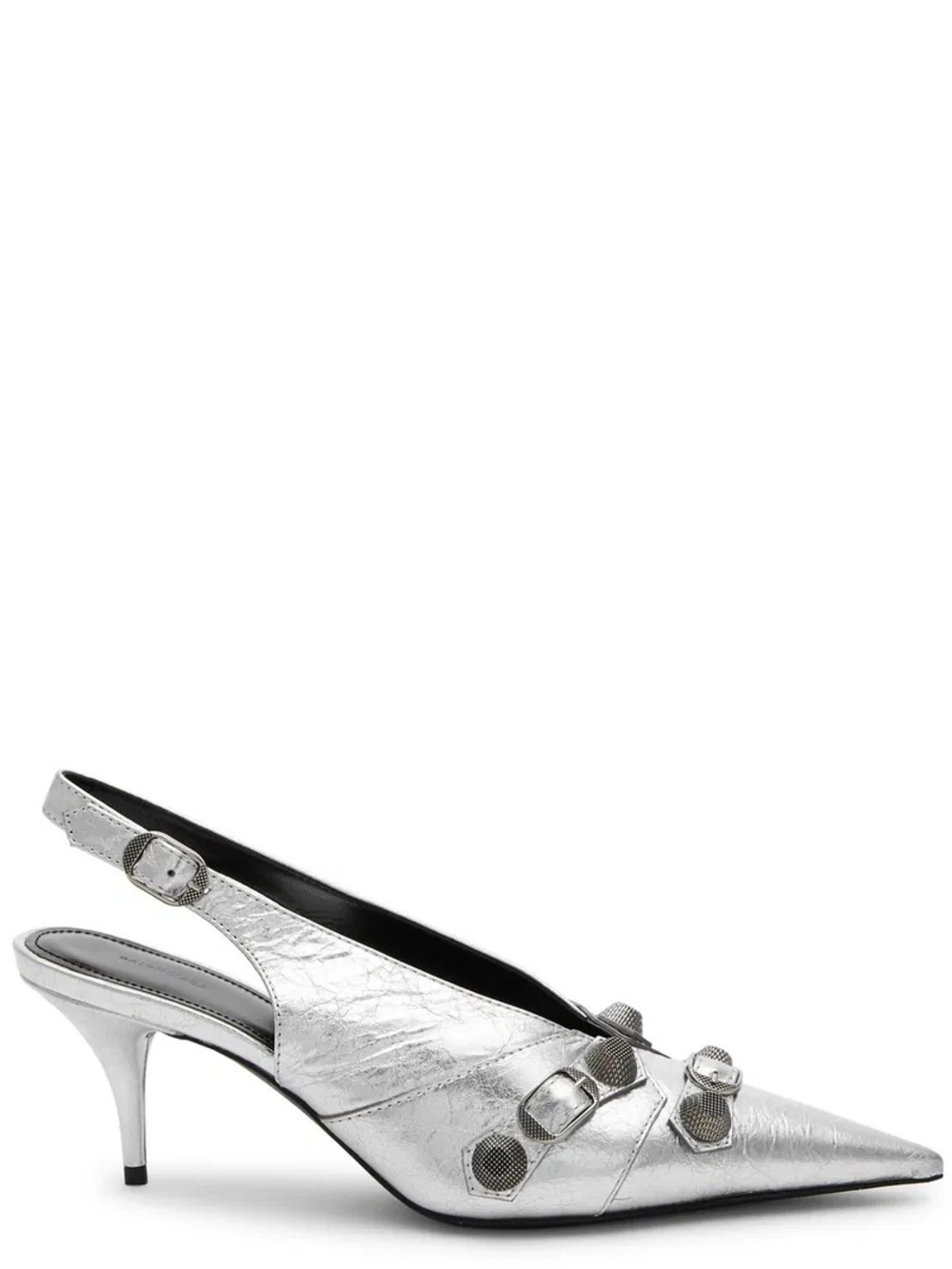 Balenciaga Metallic Silver Cagole 70 Pointed Leather Iconic Slingback Heels